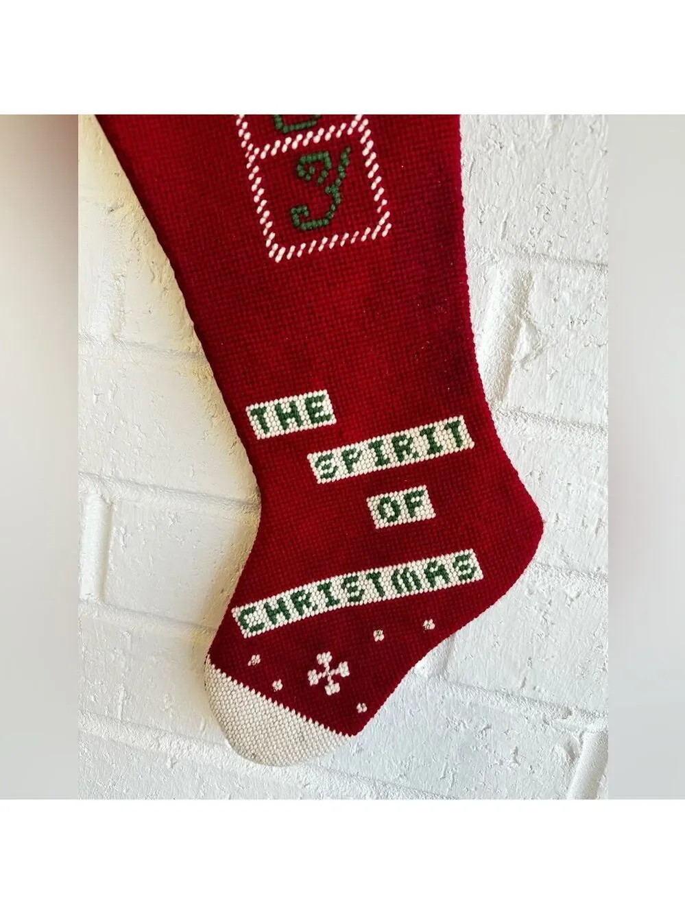 The Spirit of Christmas Red Joy Stocking for Kathy.  Cross Stitched Design Vtg